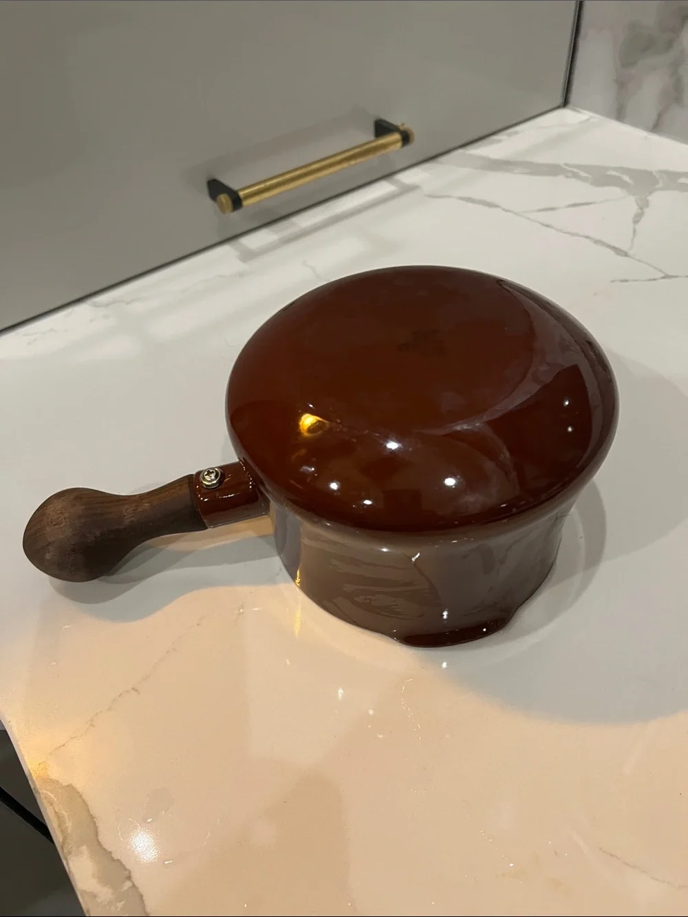 Dansk Kobenstyle 1.5L Brown Butter Watmer Pot Enamelware with Teak Handle
